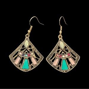 Happy Art Dangle Earrings Gold Tone Pink Blue Inlay New